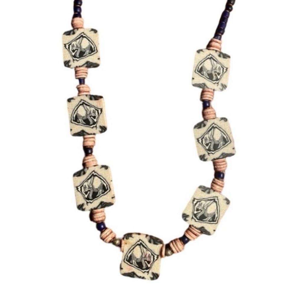 🐘Vintage Hand-Painted Clay, Wooden and Millefiori Bead Elephant Necklace